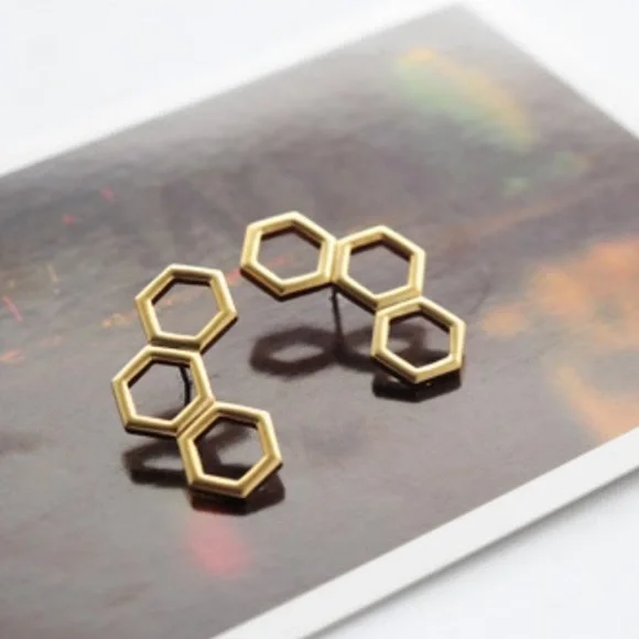 Gold Tone Honeycomb Earrings - Picture 2 of 5